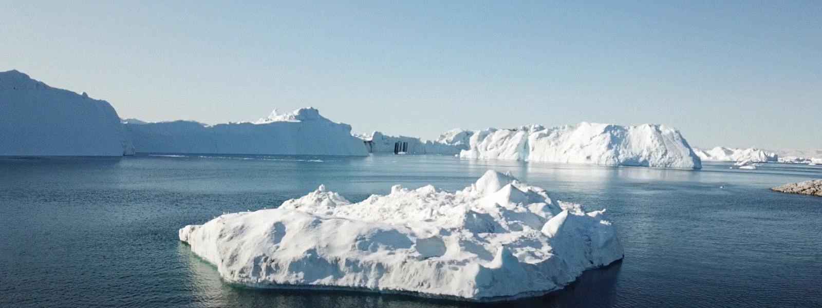 Isbjerge der flyder på det stille blå hav i Grønland