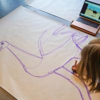 En pige er i gang med at tegne en struds med lilla tusch på et stort stykke papir